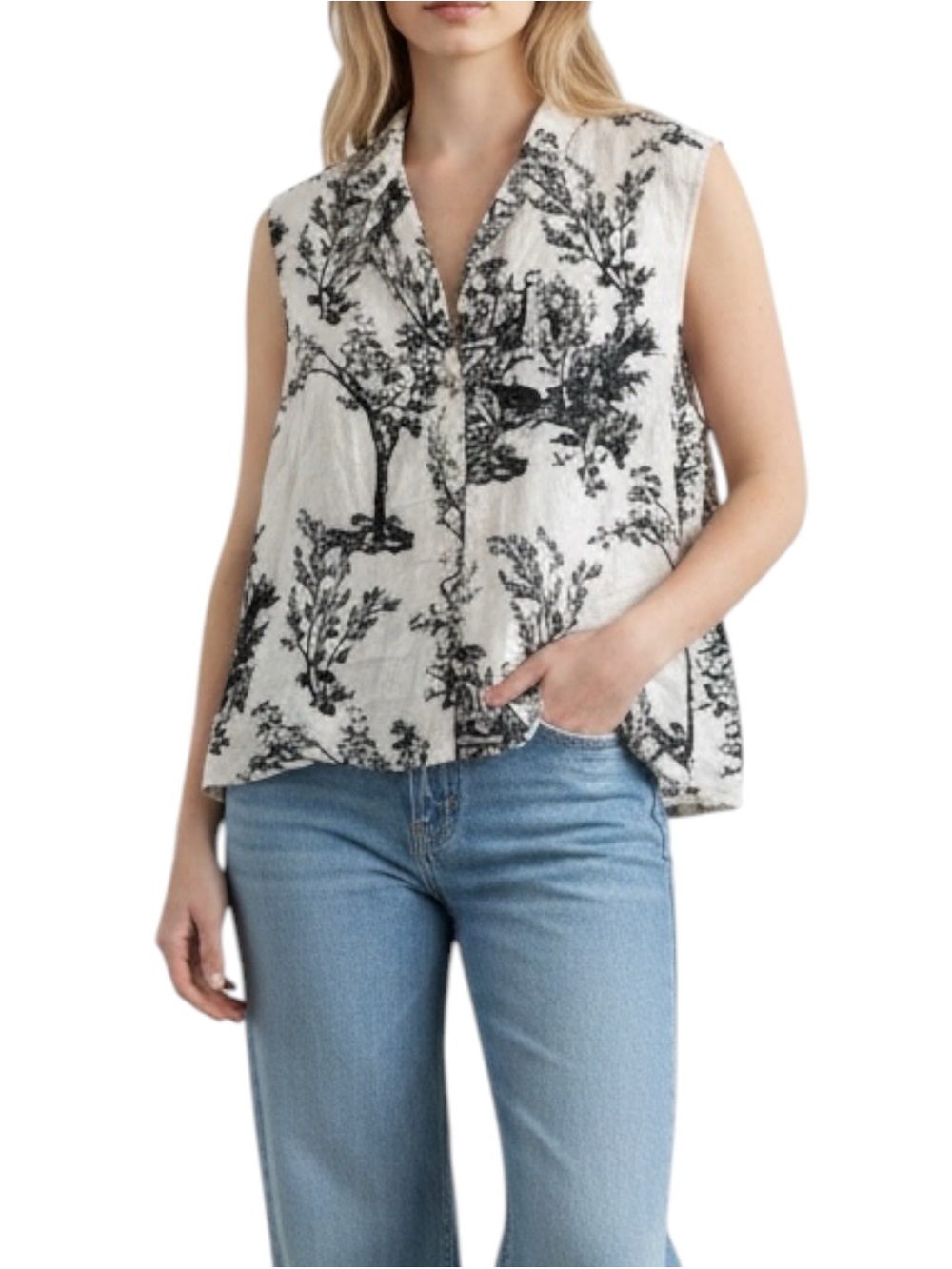 Joie Sleeveless Collar Printed V-Neck Linen Ivory/Black Button Front Blouse